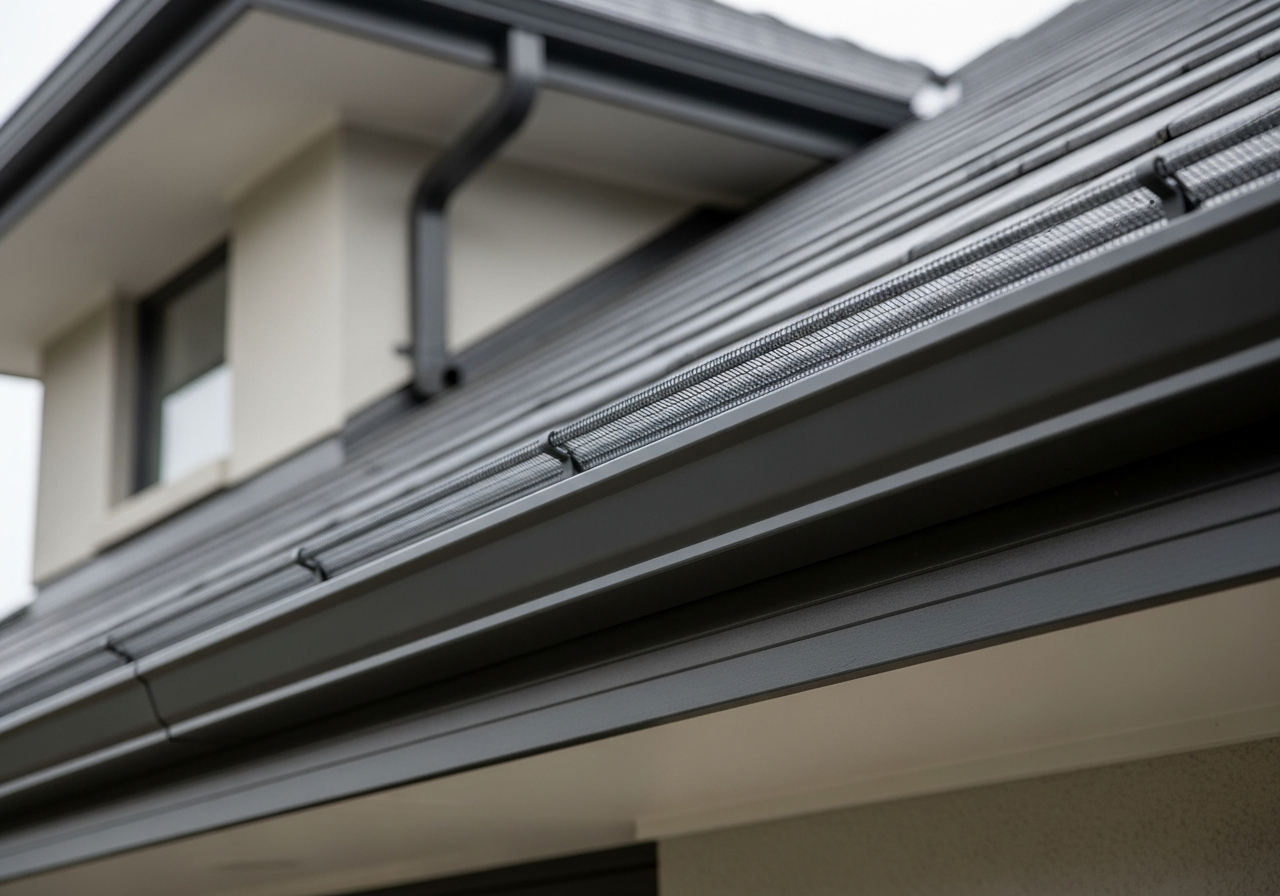 High quality close up of modern seamless gutters with protective leaf guards